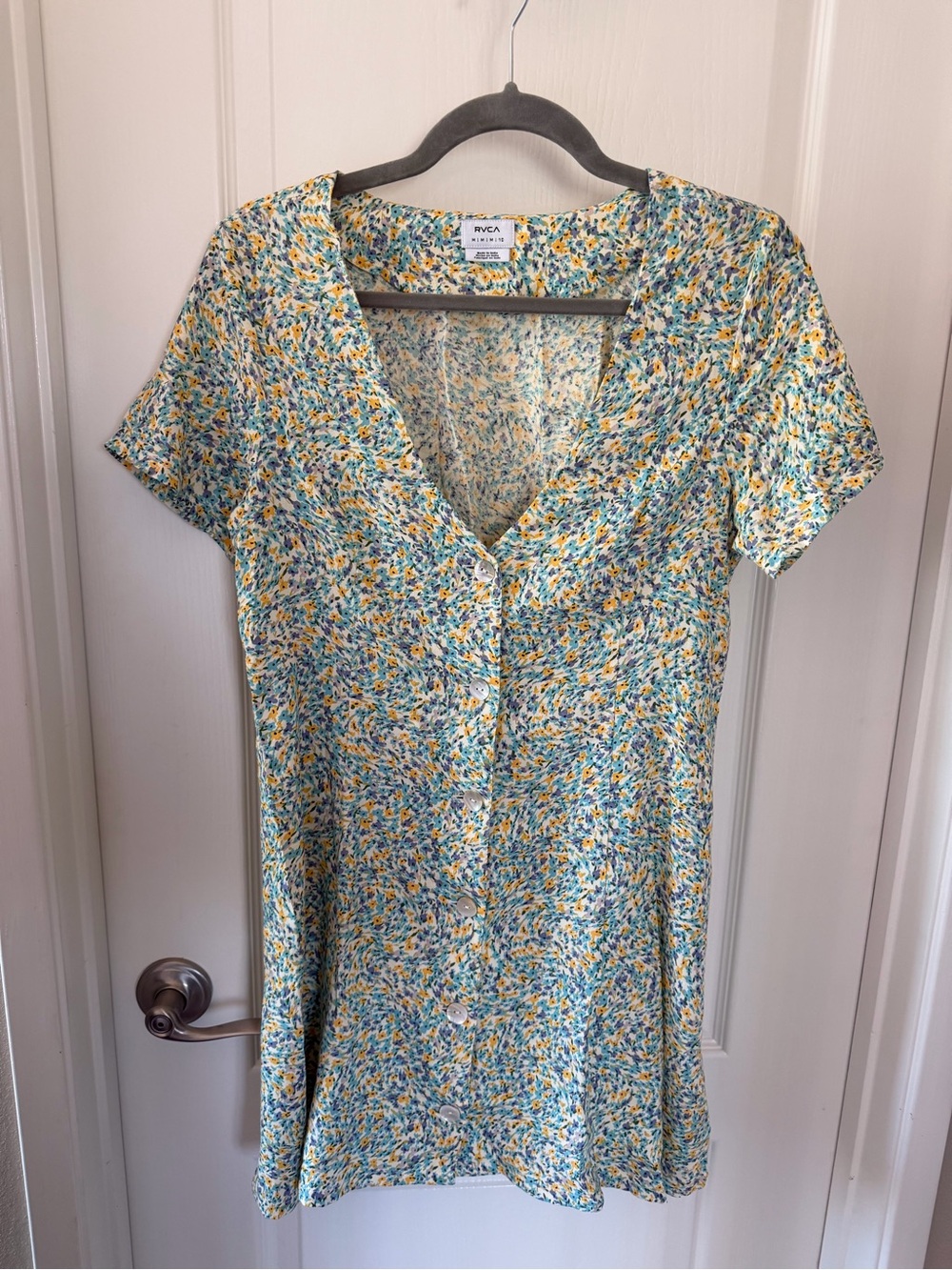 RVCA Yellow & Blue Floral Button-Front Mini Dress